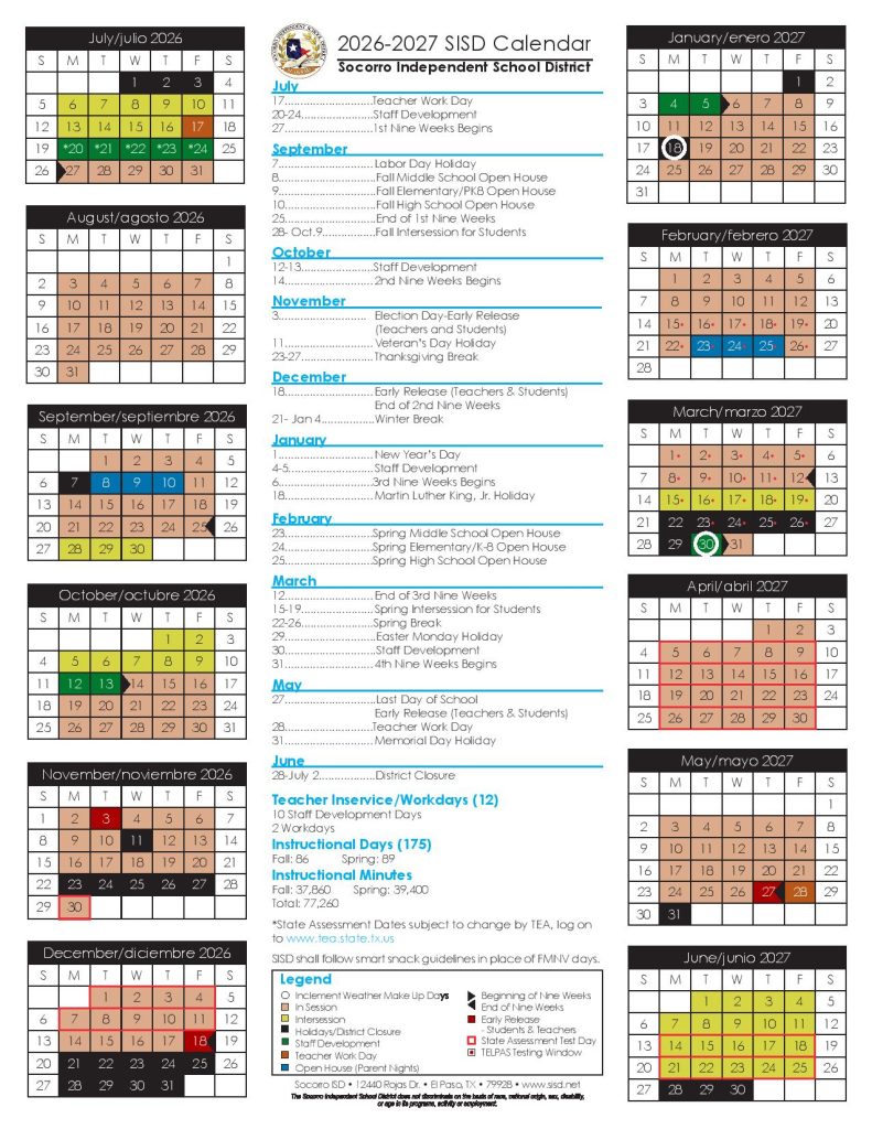 Socorro ISD Calendar 2026-2027