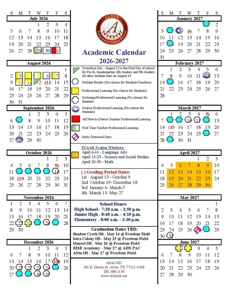 Alvin Independent School District Calendar 2026-27